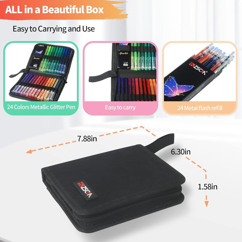 ZSCM QUALITY DECIDES THE FUTURE ZSCM 48 Pack Metallic Glitter Gel Pens Set, 24 Colors Sparkle Gel Pens with 24 Glitter Pen Refills in Canvas Bag for Adult Coloring Book Drawing Crafts Scrapbooks Journaling - Image 5